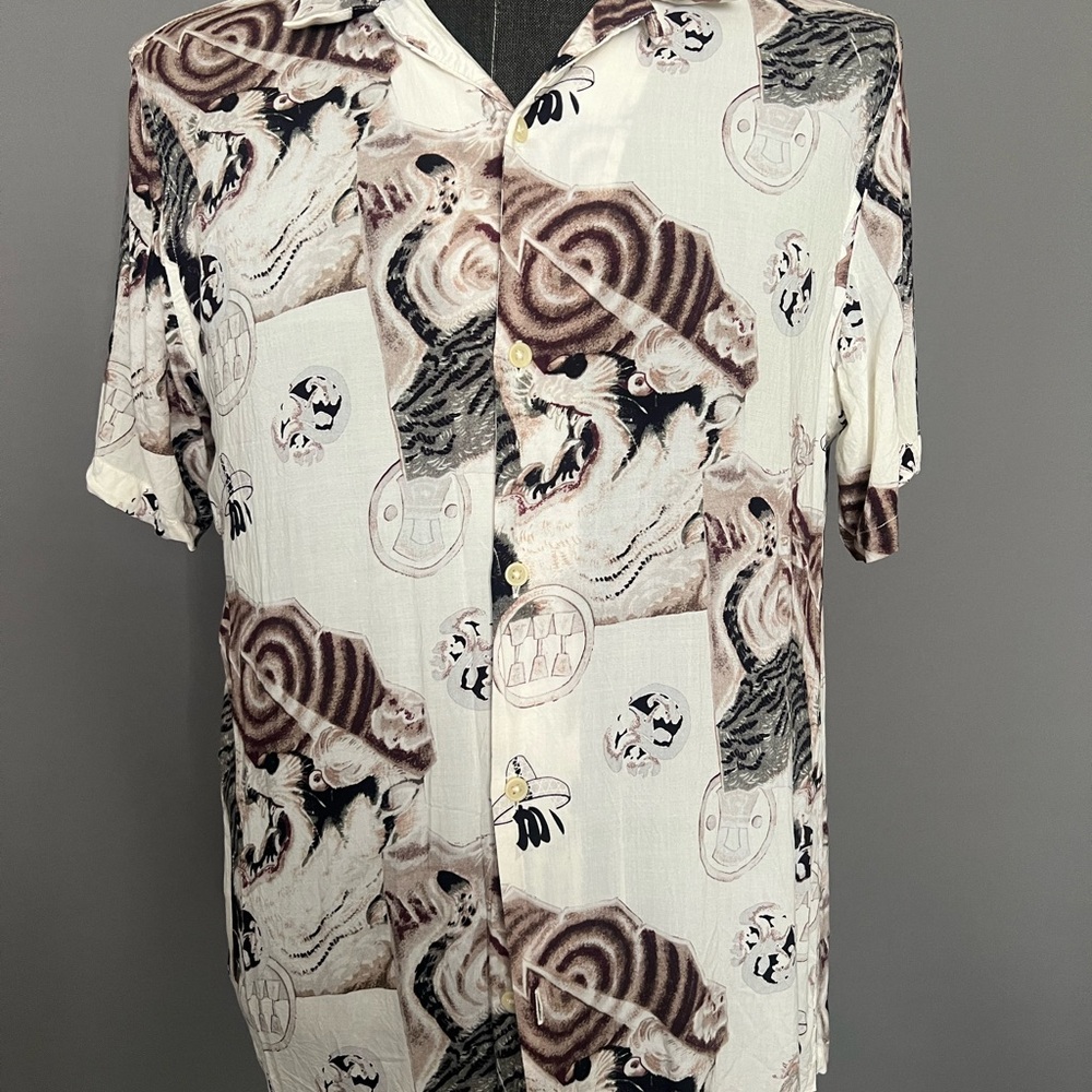 AllSaints men’s viscose tiger print button down collared shirt